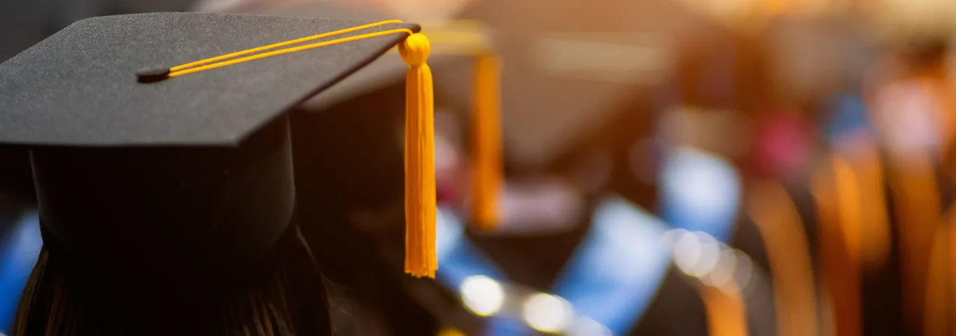 row of graduating students in cap and gown from the back