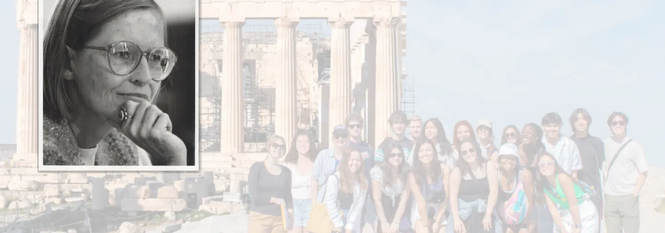 picture of Penelope Biggs in foreground, students at Grecian ruins in background