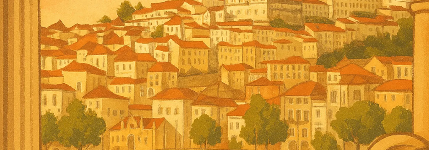 graphic of town in Portugal framed by Roman columns