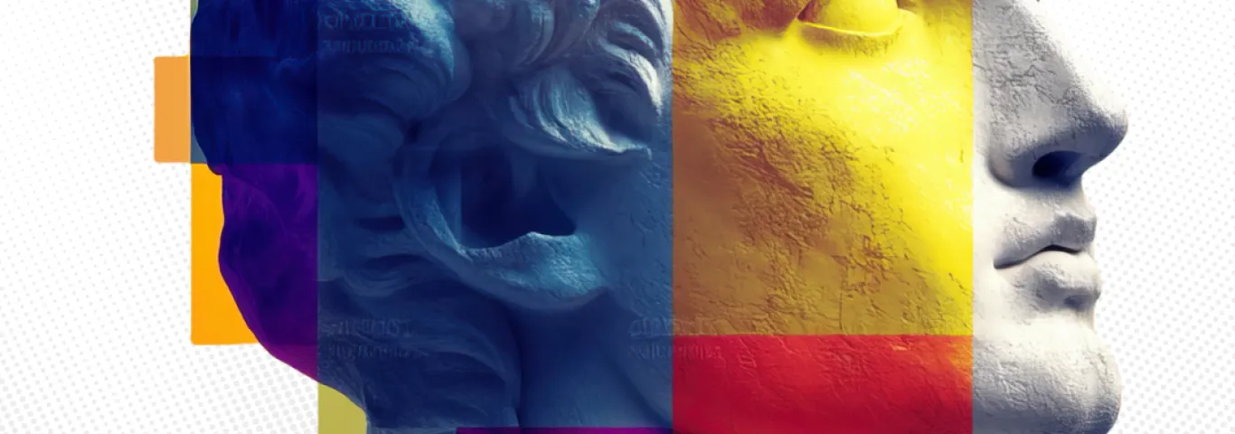 Greek bust with colored boxes overlapping