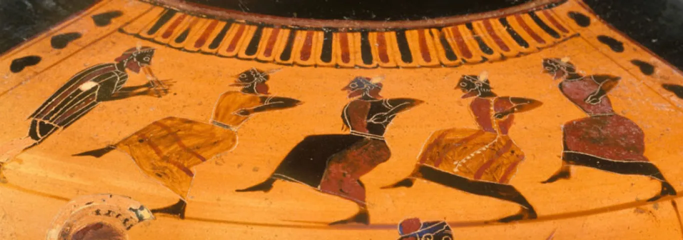 painting of greek actors dancing in masks with someone playing the tibia
