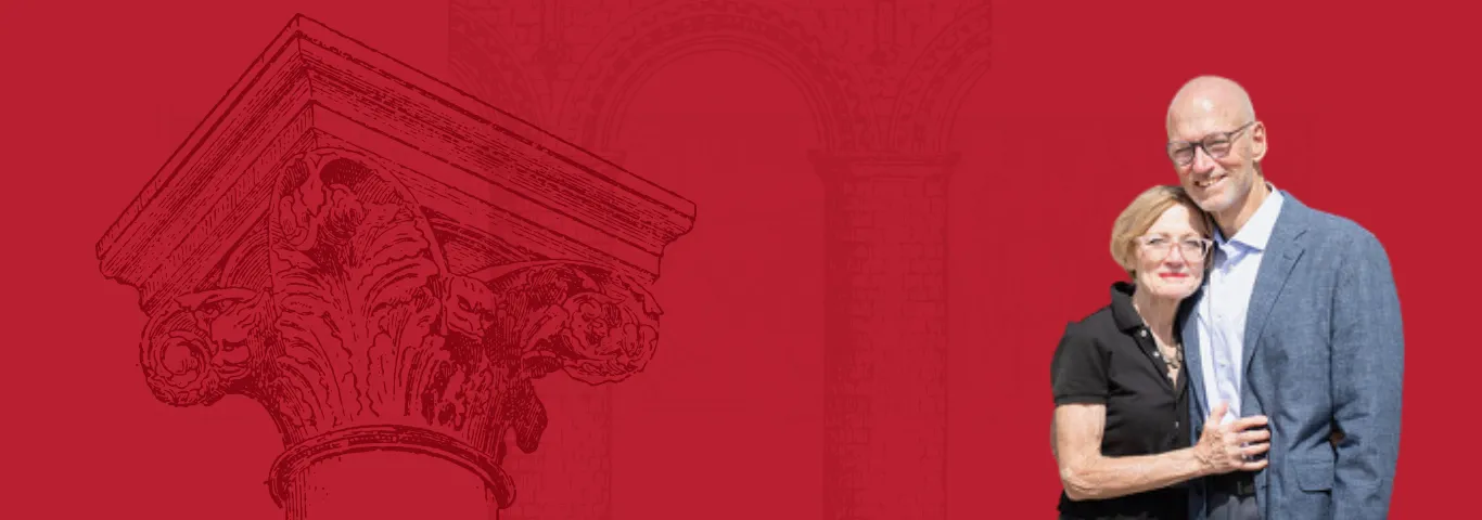 Red Background with Roman columns and a picture of Suzanne Mizera and James Risch