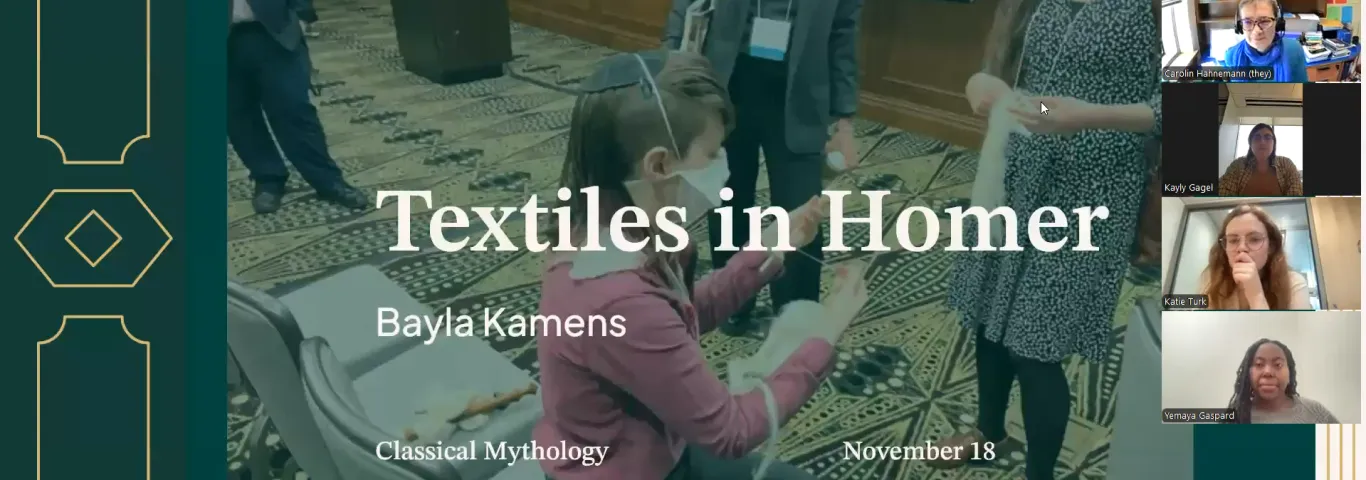 a zoom screen shot of a class watching a textile demonstration for the lecture Textiles in Homer presented by Bayla Kamens