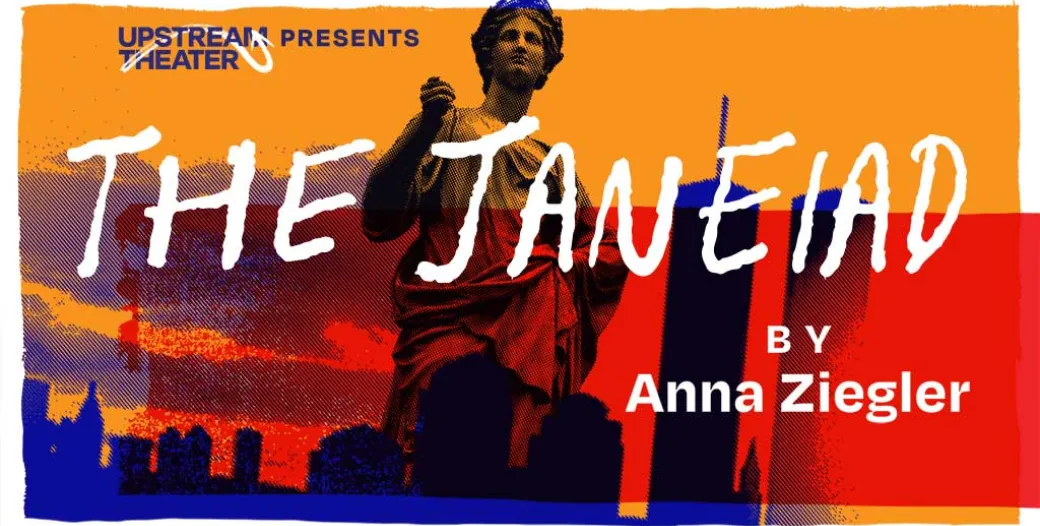 "Banner of a play showing the Twin Towers and a classical statue"