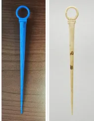photo of 3-D printed distaff next to a photo of an ancient distaff