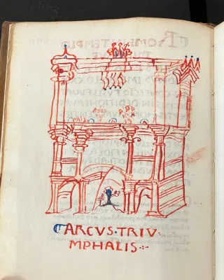 drawing of architectural arch in medieval book