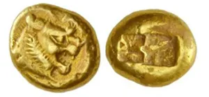 An electrum coin from the time of Lydian kings Alyattes to Kroisos (c. 610–546 B.C.), with a lion's head and beaming sun. 