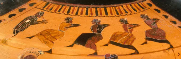 painting of greek actors dancing in masks with someone playing the tibia