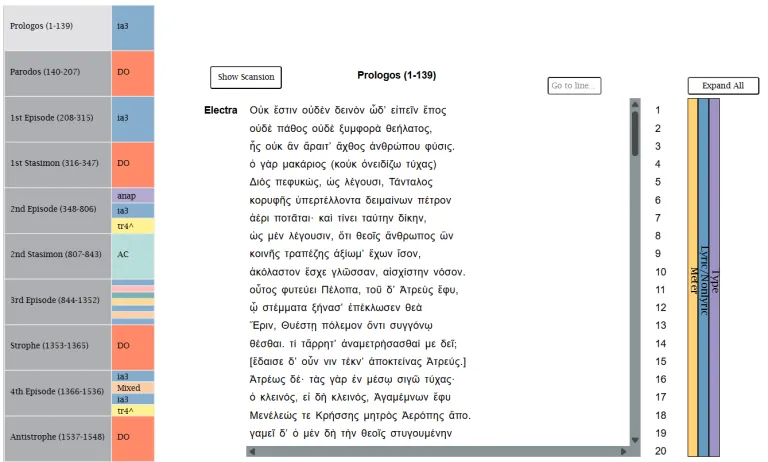 greek text with color coded categories in the margins of the database