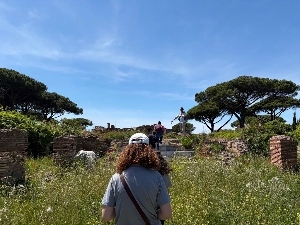 Student walking through a field of wildflowers up ruin steps