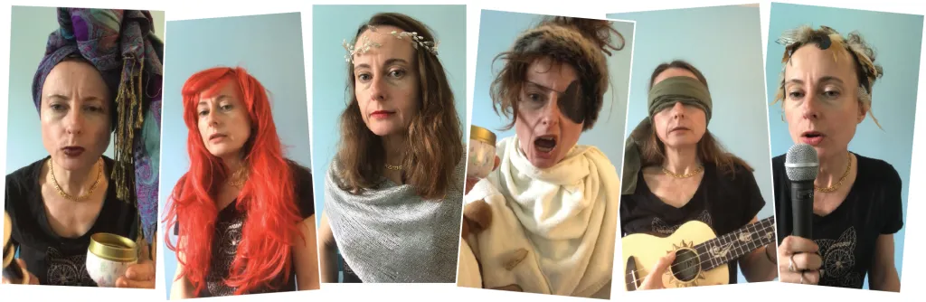 Collage of Wilson in costume and character for her COVID readings of the Odyssey