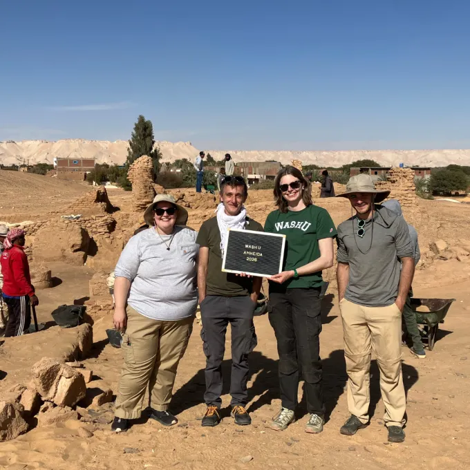 Stein with Dr. Aravecchia, Claire Lyman, and Aaron Held in the desert of Amheida