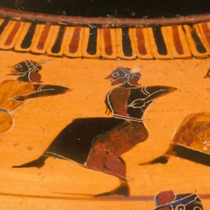 painting of greek actors dancing in masks with someone playing the tibia